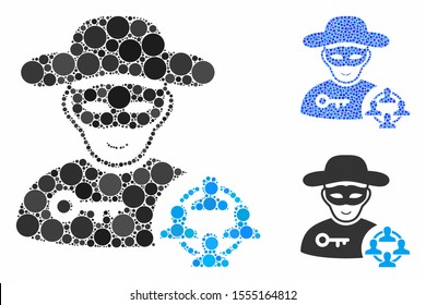 Social hacker composition of small circles in various sizes and color hues, based on social hacker icon. Vector small circles are united into blue mosaic.