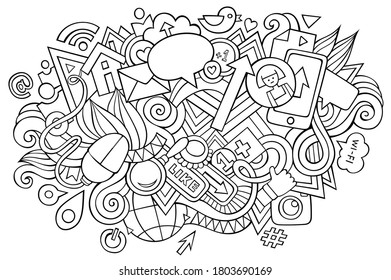 Social hand drawn cartoon doodles illustration. Funny media design. Creative art vector background. Internet symbols, elements and objects. Sketchy composition