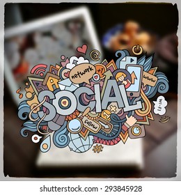 Social hand lettering and doodles elements and symbols emblem. Vector blurred background