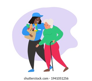 social help african american volunteer girl helping to senior woman carrying grocery bag vector illustration