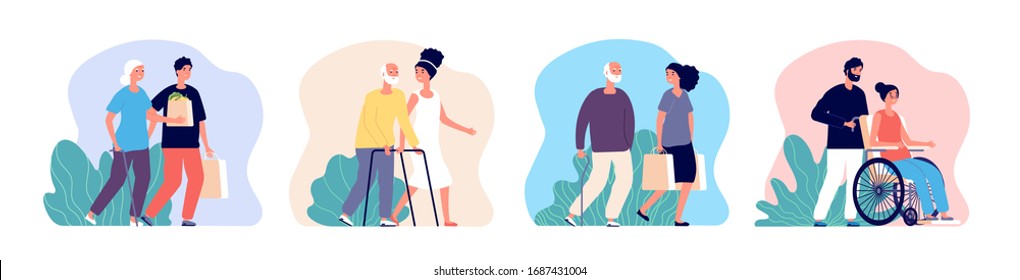 Social help. Care senior, volunteer working with elderly. Young male female caring older people. Patient health support vector illustration