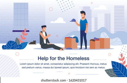 Social Help for Homeless People Trendy Flat Vector Banner, Poster Template. Male Volunteer or Social Worker Giving Clothing to Poor from Box with Donations, Helping Beggar on City Street Illustration