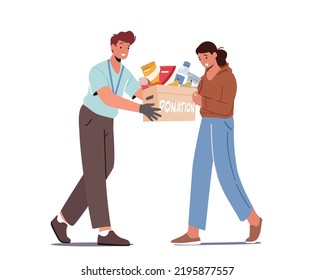 Social Help to People in Need, Food Donation, Assistance Concept. Volunteer Character Giving Humanitarian Aid Help Box to Refugees Woman Isolated on White Background. Cartoon Vector Illustration