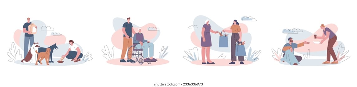 Social help for people on wheelchair, elderly person. Young volunteers helping grandma and grandpa. Charity for animal and poor, kicky vector scene