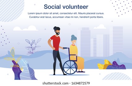 Social Help and Volunteering Service for Senior, Disabled or Handicapped People Trendy Flat Vector Banner, Poster Template. Male Volunteer, Young Man Helping Aged Woman in Wheelchair Illustration