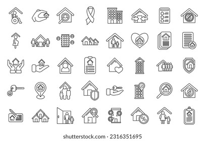 Social housing icons set outline vector. Home work. Stay care