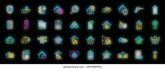 Social housing icons set outline vector. Home work. Stay care neon color on black