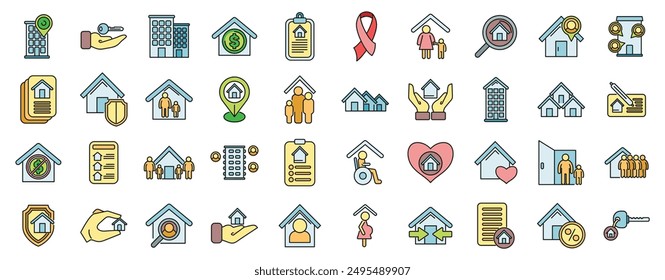 Social housing icons set outline vector. Home work. Stay care thin line color flat on white