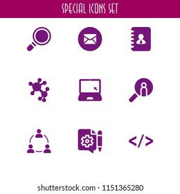 social icon. 9 social set with address, mail, internet and code vector icons for web and mobile app