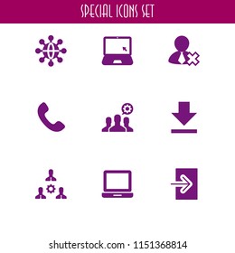 social icon. 9 social set with group, login, phone and internet vector icons for web and mobile app