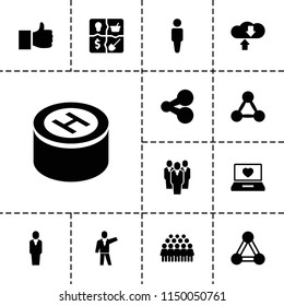 Social icon. collection of 13 social filled icons such as connection, man, group, like, share, laptop with heart, download cloud. editable social icons for web and mobile.