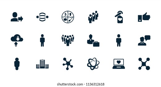 Social icon. collection of 18 social filled icons such as laptop with heart, network connection, woman consultant with case, user. editable social icons for web and mobile.