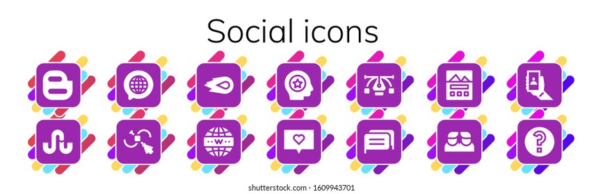 social icon set. 14 filled social icons.  Simple modern icons such as: Blogger, Stumbleupon, Chat, Vector, Media fire, Internet, Favorite, Landing page, Friends, Selfie, Question