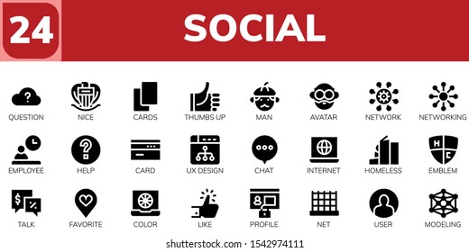 social icon set. 24 filled social icons.  Simple modern icons about  - Question, Nice, Cards, Thumbs up, Man, Avatar, Network, Networking, Employee, Help, Card, Ux design, Chat