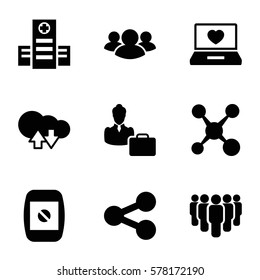 social icon. Set of 9 social filled icons such as hospital, laptop with heart, group, camera display, woman consultant with case, share