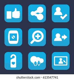 Social icon. set of 9 filled social icons such as heart tag, camera display, zoom in, cloud download upload, share, like, add user
