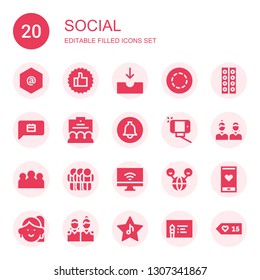 social icon set. Collection of 20 filled social icons included Arroba, Thumbs up, Inbox, Gif, Watercolor, Chat, Team, Notification, Selfie, Friends, Group, Friendship, Internet