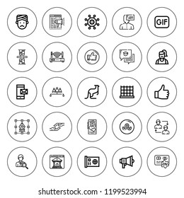 Social icon set. collection of 25 outline social icons with charity, chat, businessman, card, gif, jumpshare, like, marketing, message, man, net icons. editable icons.