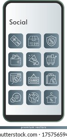 social icon set. included megaphone, online shop, shopping bag, shirt, package, wallet, towel, chat, shopping cart, discount, warranty, closed icons on phone design background . linear styles.