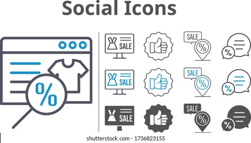 social icon set included online shop, like, chat, placeholder icons