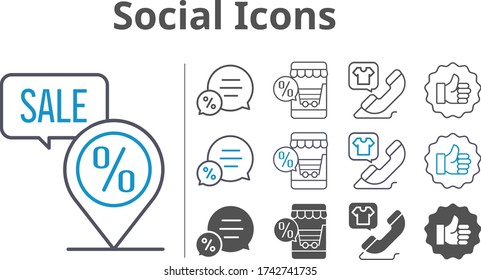 social icon set included online shop, like, chat, phone call, placeholder icons