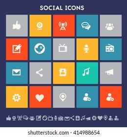 Social icon set. Multicolored square flat buttons