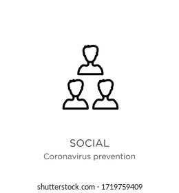 Social icon. Thin linear social outline icon isolated on white background from Coronavirus Prevention collection. Modern line vector sign, symbol, stroke for web and mobile