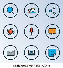 Social icons colored line set with message, chat, share and other laptop
elements. Isolated vector illustration social icons.