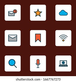 Social icons colored line set with search, message, voice chat and other laptop elements. Isolated vector illustration social icons.