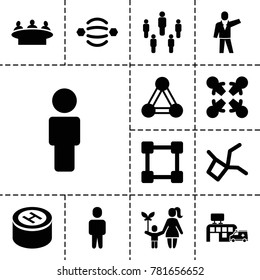 Social icons. set of 13 editable filled social icons such as connection, group, roundelay, atom interaction, hospital, network connection, user, man, businessman