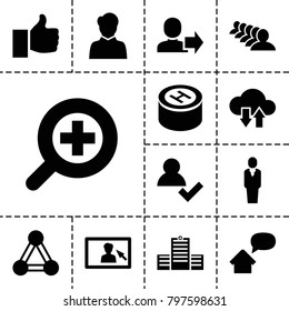 Social icons. set of 13 editable filled social icons such as connection, group, add user, thumb up, zoom in, camera display, hospital, home message, user
