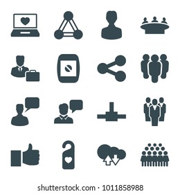 Social icons. set of 16 editable filled social icons such as connection, chatting man, group, like, user, cloud download upload, laptop with heart, heart tag, share