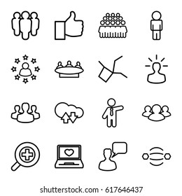 Social icons set. set of 16 social outline icons such as businessman, chatting man, group, laptop with heart, zoom in, user bulb, user group, cloud download upload