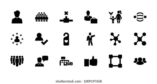 Social icons. set of 18 editable filled social icons: like, add user, share, atom interaction, heart tag, group, hospital, network connection, woman consultant with case
