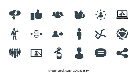 Social icons. set of 18 editable filled social icons: user, bird, thumb up, group, share, network connection, download cloud, chat, camera display, user surrounded by stars