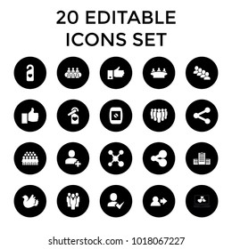 Social icons. set of 20 editable filled social icons such as group, user, share, bird, heart tag, thumb up, camera display, like. best quality social elements in trendy style.