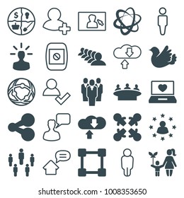 Social icons. set of 25 editable filled and outline social icons such as group, share, roundelay, laptop with heart, bird, marketing, network connection, download cloud