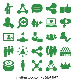 Social icons set. set of 25 social filled icons such as connection, man, businessman, group, laptop with heart, add friend, chat, zoom in, camera display, hospital
