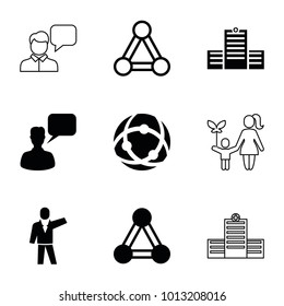 Social icons. set of 9 editable filled and outline social icons such as connection, chatting man, network connection, businessman, hospital
