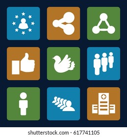 Social icons set. set of 9 social filled icons such as group, hospital, bird, thumb up, user surrounded by stars, share, network connection