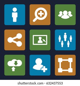 Social icons set. set of 9 social filled icons such as group, add friend, zoom in, camera display, share, download cloud, network connection