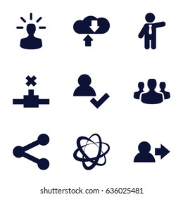 Social icons set. set of 9 social filled icons such as businessman, user bulb, user group, network connection, download cloud