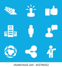 Social icons set. set of 9 social filled icons such as businessman, chatting man, group, hospital, user bulb, share, like, user