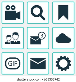 Social Icons Set. Collection Of Camcorder, Letter, Gif Sticker And Other Elements. Also Includes Symbols Such As Letter, Gear, Partnership.