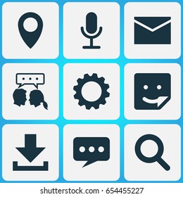 Social Icons Set. Collection Of Down Arrow, Pin, Chat And Other Elements. Also Includes Symbols Such As Point, Envelope, Setting.