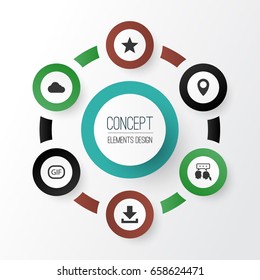 Social Icons Set. Collection Of Down Arrow, Pin, Conversation And Other Elements. Also Includes Symbols Such As Sticker, Dialog, Star.