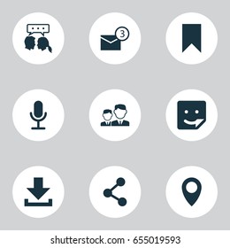 Social Icons Set. Collection Of Flag, Publish, Partnership And Other Elements. Also Includes Symbols Such As Location, Microphone, Point.