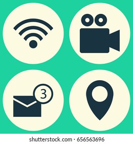 Social Icons Set. Collection Of Inbox, Pin, Wireless Connection And Other Elements. Also Includes Symbols Such As Point, Location, Video.