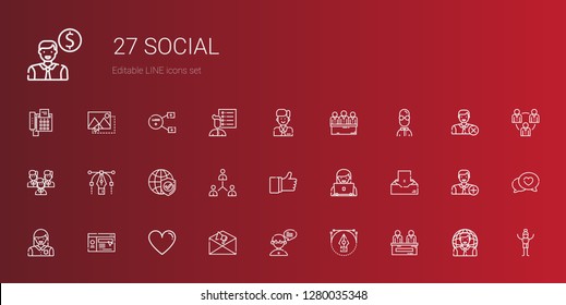 social icons set. Collection of social with news, vector, chat, notification, like, website, woman, inbox, user, network, internet, team, candidates. Editable and scalable social icons.