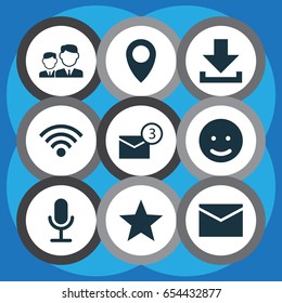 Social Icons Set. Collection Of Partnership, Down Arrow, Letter And Other Elements. Also Includes Symbols Such As Letter, Wifi, Favorite.